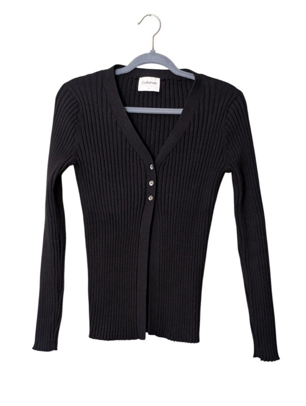 Callahan Glennon Cardigan Black Sweater Knit Button Front Cozy Chic Minimalist M